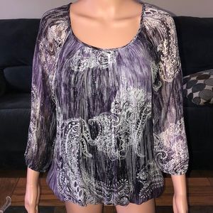 Glance purple paisley top with sheer sleeves